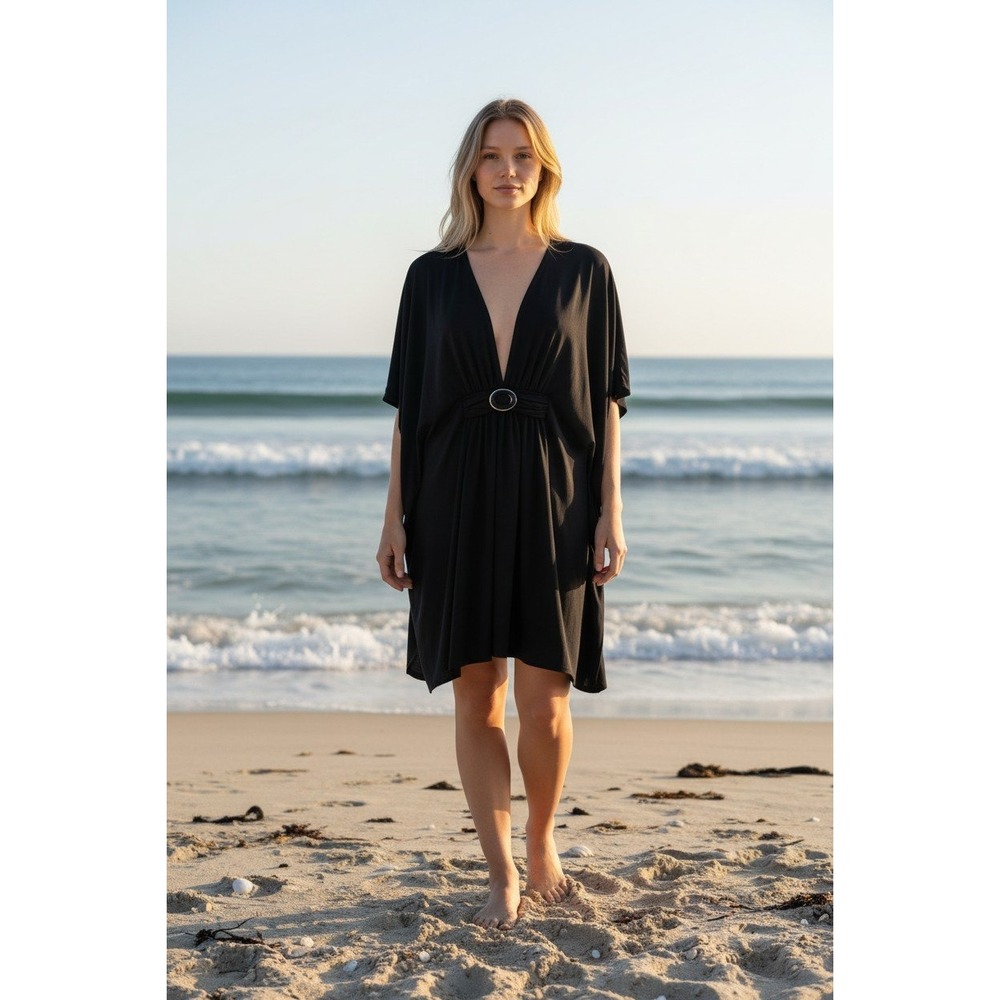 Miraclesuit‎ Women Black V-Neck Kaftan Swim Cover Up Ring Detail 68999 Size S